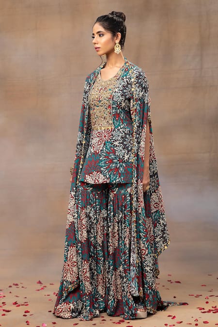 Shop Mehak Murpana Green Crepe Beads, Embroidery, Tassels Round Neck Floral Print Cape Sharara Set Online at Aza Fashions Shop_Mehak Murpana_Green Crepe Beads, Embroidery, Tassels Round Neck Floral Print Cape Sharara Set _Online_at_Aza_Fashions