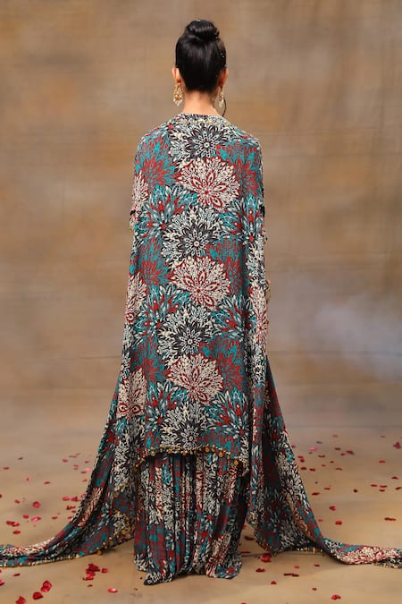 Shop_Mehak Murpana_Green Crepe Beads, Tassels, Embroidery Round Botanical Print Cape Sharara Set _at_Aza_Fashions