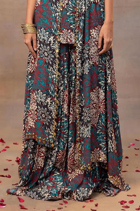 Mehak Murpana_Green Crepe Beads, Tassels, Embroidery Round Botanical Print Cape Sharara Set _Online_at_Aza_Fashions