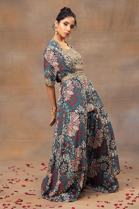 Buy_Mehak Murpana_Green Crepe Beads, Tassels, Embroidery Round Botanical Print Cape Sharara Set _Online_at_Aza_Fashions