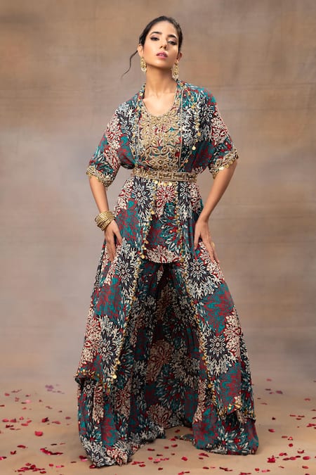 Shop_Mehak Murpana_Green Crepe Beads, Tassels, Embroidery Round Botanical Print Cape Sharara Set _Online_at_Aza_Fashions