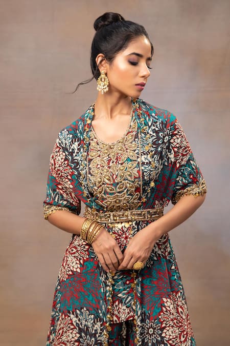 Mehak Murpana_Green Crepe Beads, Tassels, Embroidery Round Botanical Print Cape Sharara Set _at_Aza_Fashions