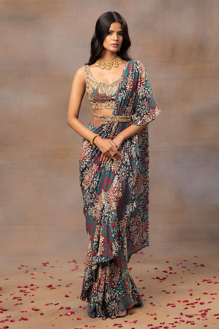 Mehak Murpana Green Crepe Printed And Embroidered Floral Ruffle Re-draped Saree & Blouse Set