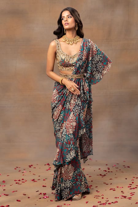 Mehak Murpana_Green Crepe Beads, Cut Work V-neck Printed Ruffle Re-draped Saree And Blouse Set _Online_at_Aza_Fashions