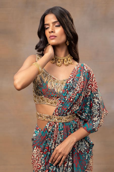 Buy_Mehak Murpana_Green Crepe Beads, Cut Work V-neck Printed Ruffle Re-draped Saree And Blouse Set _Online_at_Aza_Fashions