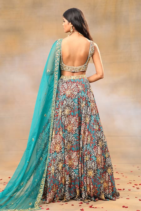 Shop_Mehak Murpana_Green Crepe, Organza Beads, Embroidery Floral Print Lehenga Blouse Set _at_Aza_Fashions