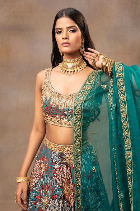 Mehak Murpana_Green Crepe, Organza Beads, Embroidery Floral Print Lehenga Blouse Set _Online_at_Aza_Fashions