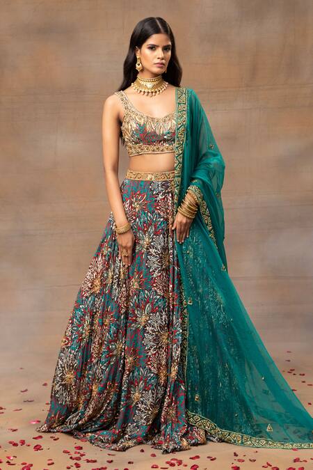 Buy_Mehak Murpana_Green Crepe, Organza Beads, Embroidery Floral Print Lehenga Blouse Set _Online_at_Aza_Fashions
