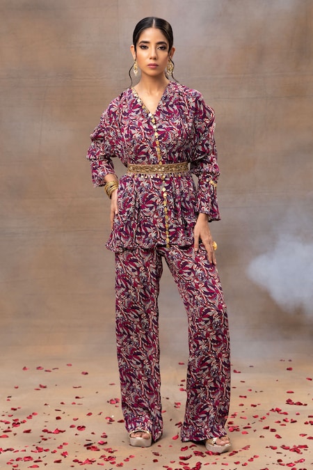 Mehak Murpana Purple Crepe Printed And Embroidered Floral V Neck Peplum Top & Pant Set