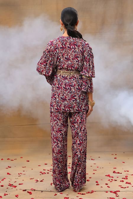 Shop_Mehak Murpana_Purple Crepe Beads, Tassels, Cut Work V-neck Floral Print Peplum Top And Pant Set _at_Aza_Fashions