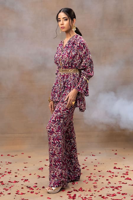 Mehak Murpana Purple Crepe Beads, Tassels, Cut Work V-neck Floral Print Peplum Top And Pant Set Online at Aza Fashions Mehak Murpana_Purple Crepe Beads, Tassels, Cut Work V-neck Floral Print Peplum Top And Pant Set _Online_at_Aza_Fashions