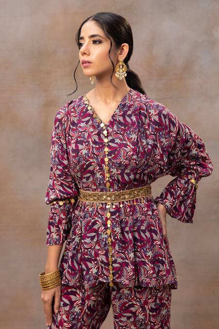 Buy Mehak Murpana Purple Crepe Beads, Tassels, Cut Work V-neck Floral Print Peplum Top And Pant Set Online at Aza Fashions Buy_Mehak Murpana_Purple Crepe Beads, Tassels, Cut Work V-neck Floral Print Peplum Top And Pant Set _Online_at_Aza_Fashions