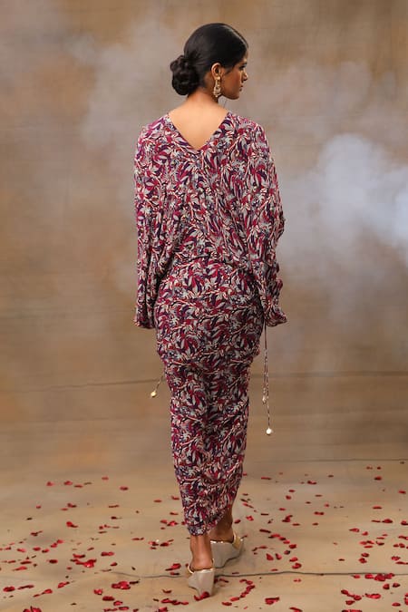 Shop_Mehak Murpana_Purple Crepe Beads, Metallic Thread V-neck Floral Print Batwing Top And Skirt Set _at_Aza_Fashions