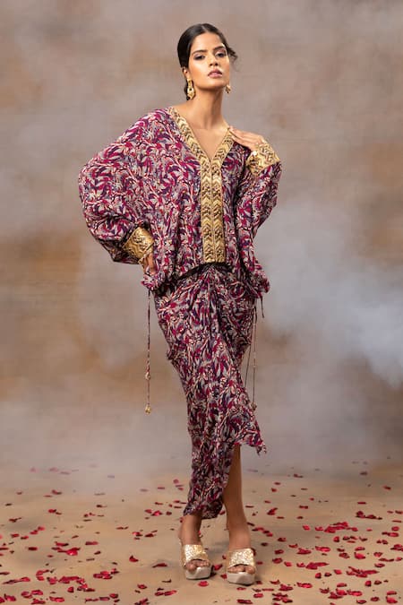 Mehak Murpana_Purple Crepe Beads, Metallic Thread V-neck Floral Print Batwing Top And Skirt Set _Online_at_Aza_Fashions