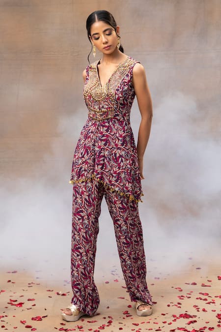 Mehak Murpana Floral Print Asymmetric Top & Pant Set 