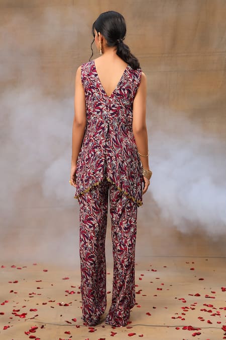 Shop_Mehak Murpana_Purple Crepe Beads V-neck Floral Print Asymmetric Top And Pant Set _at_Aza_Fashions