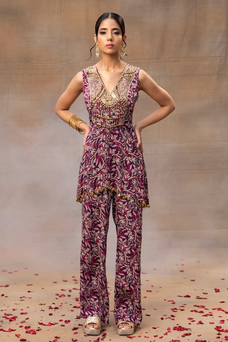 Mehak Murpana_Purple Crepe Beads V-neck Floral Print Asymmetric Top And Pant Set _Online_at_Aza_Fashions