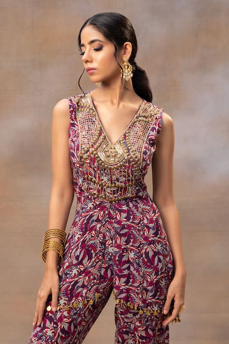 Buy_Mehak Murpana_Purple Crepe Beads V-neck Floral Print Asymmetric Top And Pant Set _Online_at_Aza_Fashions