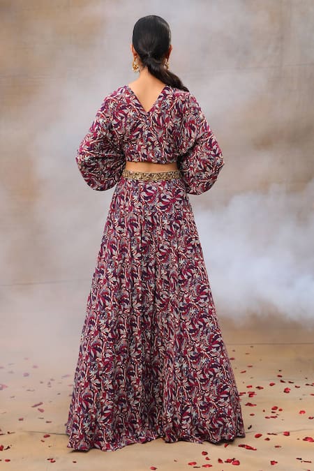 Shop_Mehak Murpana_Purple Crepe Beads, Metallic Thread V-neck Floral Print Lehenga And Blouse Set _at_Aza_Fashions