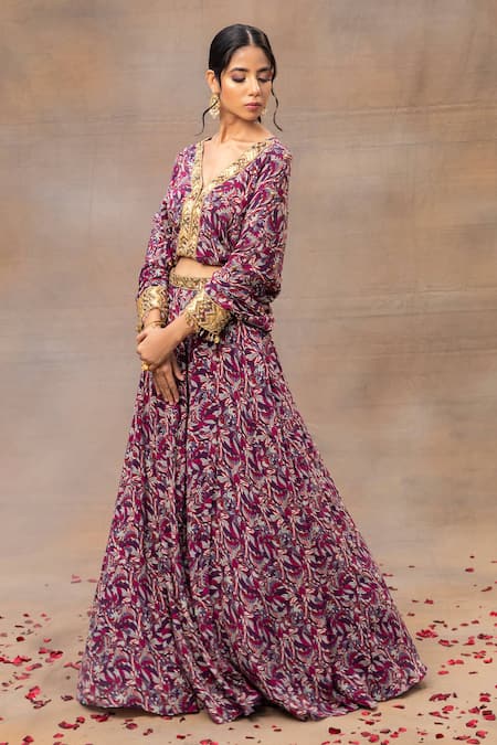 Mehak Murpana Purple Crepe Beads, Metallic Thread V-neck Floral Print Lehenga And Blouse Set Online at Aza Fashions Mehak Murpana_Purple Crepe Beads, Metallic Thread V-neck Floral Print Lehenga And Blouse Set _Online_at_Aza_Fashions