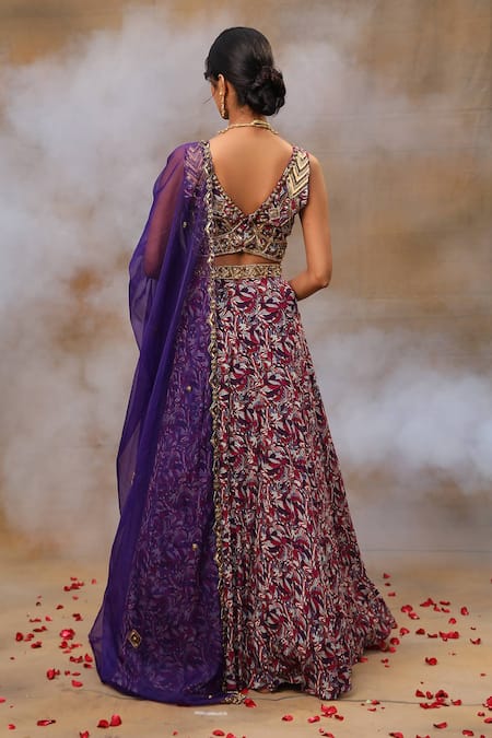 Shop_Mehak Murpana_Purple Crepe, Organza Beads, Embroidery, Cut Botanical Print Lehenga Blouse Set _at_Aza_Fashions