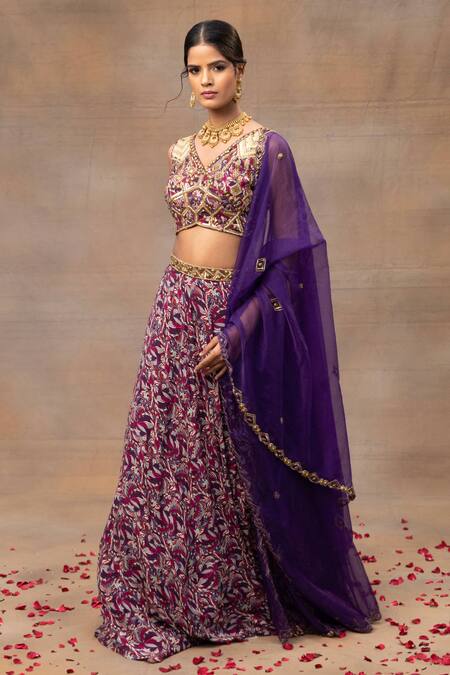 Mehak Murpana Purple Crepe, Organza Beads, Embroidery, Cut Botanical Print Lehenga Blouse Set Online at Aza Fashions Mehak Murpana_Purple Crepe, Organza Beads, Embroidery, Cut Botanical Print Lehenga Blouse Set _Online_at_Aza_Fashions