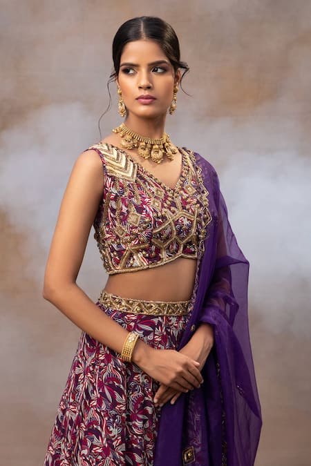 Buy Mehak Murpana Purple Crepe, Organza Beads, Embroidery, Cut Botanical Print Lehenga Blouse Set Online at Aza Fashions Buy_Mehak Murpana_Purple Crepe, Organza Beads, Embroidery, Cut Botanical Print Lehenga Blouse Set _Online_at_Aza_Fashions