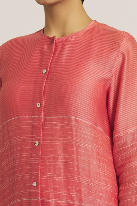 Urvashi Kaur_Coral Chanderi Silk Embroidered Stripe Round Button Down Tunic _Online_at_Aza_Fashions