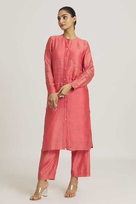 Buy_Urvashi Kaur_Coral Chanderi Silk Embroidered Stripe Round Button Down Tunic _Online_at_Aza_Fashions