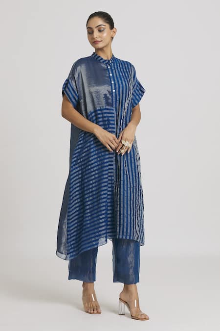 Urvashi Kaur Blue Silk, Tissue Embroidery Bandeau Neck Stripe Pattern Dress