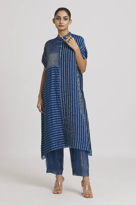 Urvashi Kaur Blue Silk, Tissue Embroidery Bandeau Neck Stripe Pattern Dress Online at Aza Fashions Urvashi Kaur_Blue Silk, Tissue Embroidery Bandeau Neck Stripe Pattern Dress _Online_at_Aza_Fashions