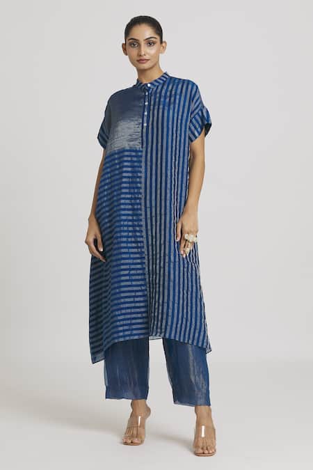 Buy Urvashi Kaur Blue Silk, Tissue Embroidery Bandeau Neck Stripe Pattern Dress Online at Aza Fashions Buy_Urvashi Kaur_Blue Silk, Tissue Embroidery Bandeau Neck Stripe Pattern Dress _Online_at_Aza_Fashions