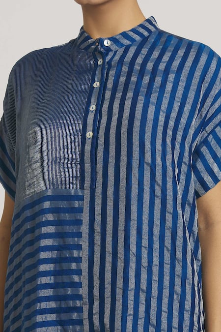 Shop Urvashi Kaur Blue Silk, Tissue Embroidery Bandeau Neck Stripe Pattern Dress Online at Aza Fashions Shop_Urvashi Kaur_Blue Silk, Tissue Embroidery Bandeau Neck Stripe Pattern Dress _Online_at_Aza_Fashions