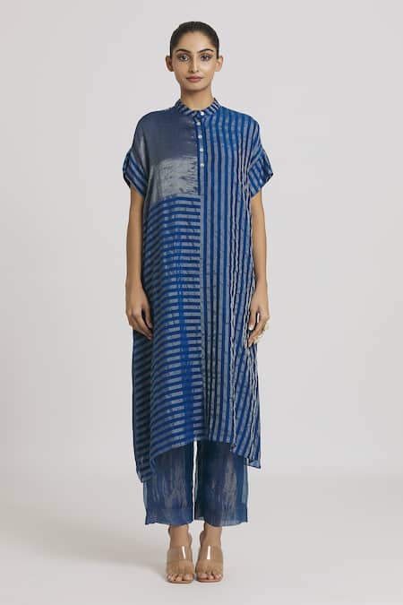 Urvashi Kaur Blue Silk, Tissue Embroidery Bandeau Neck Stripe Pattern Dress at Aza Fashions Urvashi Kaur_Blue Silk, Tissue Embroidery Bandeau Neck Stripe Pattern Dress _at_Aza_Fashions