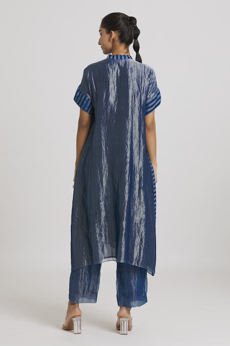 Shop Urvashi Kaur Blue Silk, Tissue Embroidery Bandeau Neck Stripe Pattern Dress at Aza Fashions Shop_Urvashi Kaur_Blue Silk, Tissue Embroidery Bandeau Neck Stripe Pattern Dress _at_Aza_Fashions