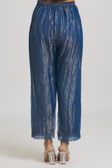 Buy_Urvashi Kaur_Blue Zari Kota Silk Embroidered Stitchline Pant  _Online_at_Aza_Fashions