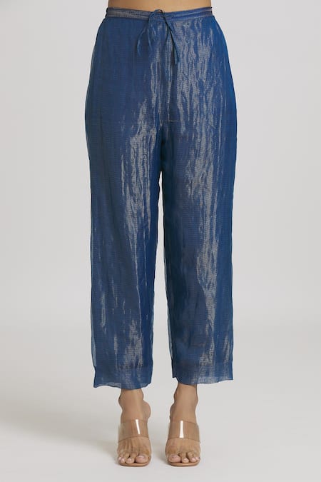 Shop_Urvashi Kaur_Blue Zari Kota Silk Embroidered Stitchline Pant  _Online_at_Aza_Fashions