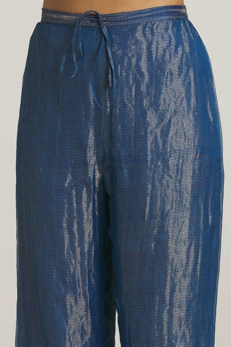 Urvashi Kaur_Blue Zari Kota Silk Embroidered Stitchline Pant  _at_Aza_Fashions