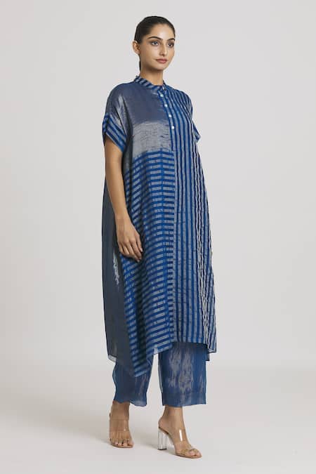 Shop_Urvashi Kaur_Blue Zari Kota Silk Embroidered Stitchline Pant  _at_Aza_Fashions