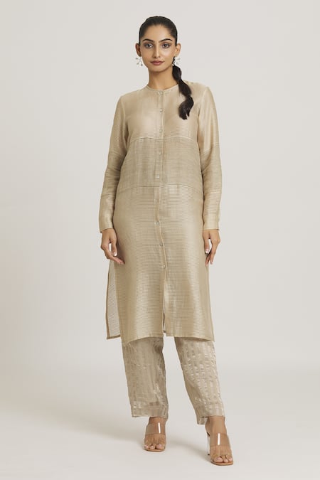 Buy_Urvashi Kaur_Silver Chanderi Silk Embroidery Round Neck Button Down Straight Tunic _Online_at_Aza_Fashions