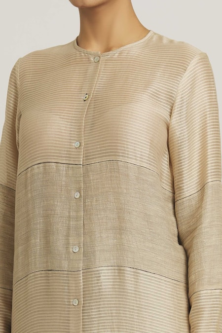 Shop_Urvashi Kaur_Silver Chanderi Silk Embroidery Round Neck Button Down Straight Tunic _Online_at_Aza_Fashions