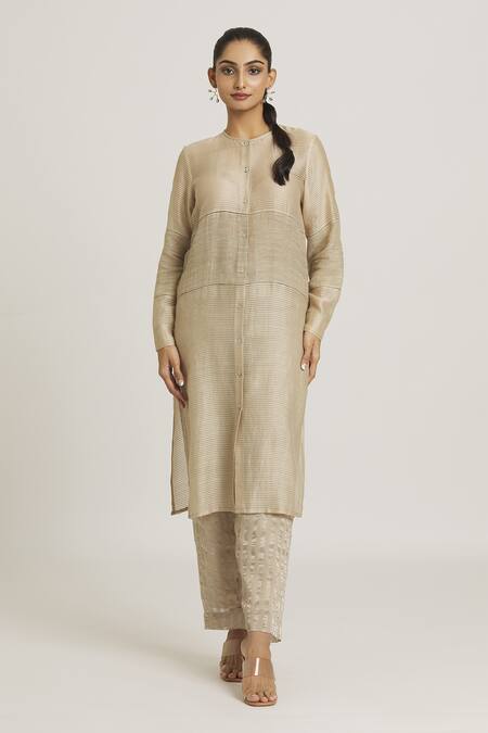 Shop_Urvashi Kaur_Silver Striped Tissue Silk Pattern Pant  _at_Aza_Fashions