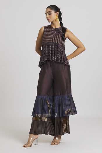 Urvashi Kaur_Wine Chanderi Silk Wide Legged Pant _Online_at_Aza_Fashions