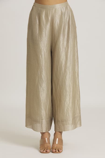 Buy_Urvashi Kaur_Silver Tissue Silk Embroidered Stripe Wide Legged Pant _Online_at_Aza_Fashions