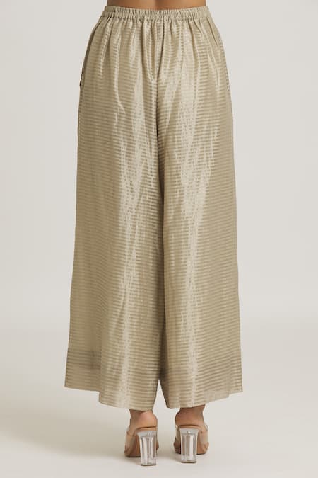 Urvashi Kaur_Silver Tissue Silk Embroidered Stripe Wide Legged Pant _at_Aza_Fashions