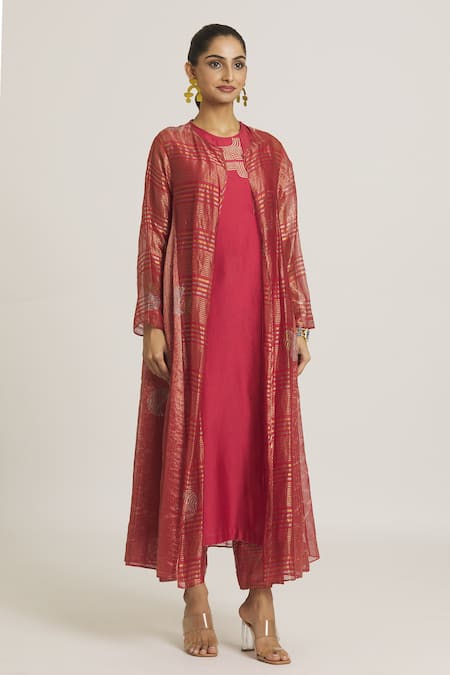 Urvashi Kaur_Red Tissue, Silk Embroidery Open Neck Stripe Pattern Anarkali Overlay _Online_at_Aza_Fashions