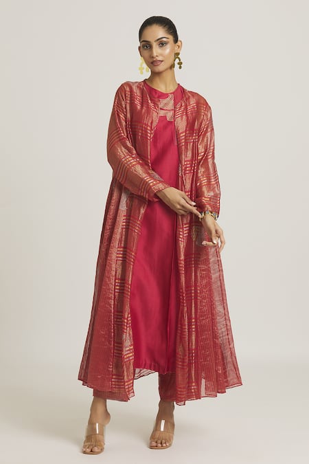 Buy_Urvashi Kaur_Red Tissue, Silk Embroidery Open Neck Stripe Pattern Anarkali Overlay _Online_at_Aza_Fashions