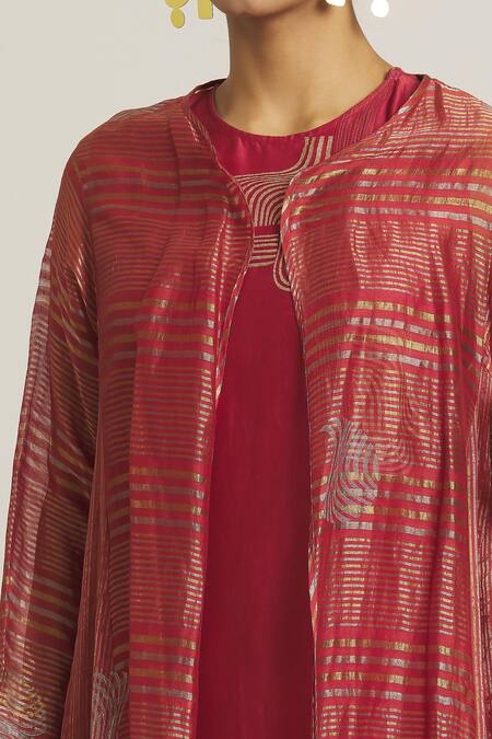 Shop_Urvashi Kaur_Red Tissue, Silk Embroidery Open Neck Stripe Pattern Anarkali Overlay _Online_at_Aza_Fashions