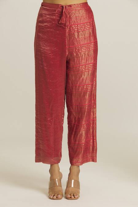 Buy_Urvashi Kaur_Red Striped Tissue Silk Pattern Pant _Online_at_Aza_Fashions