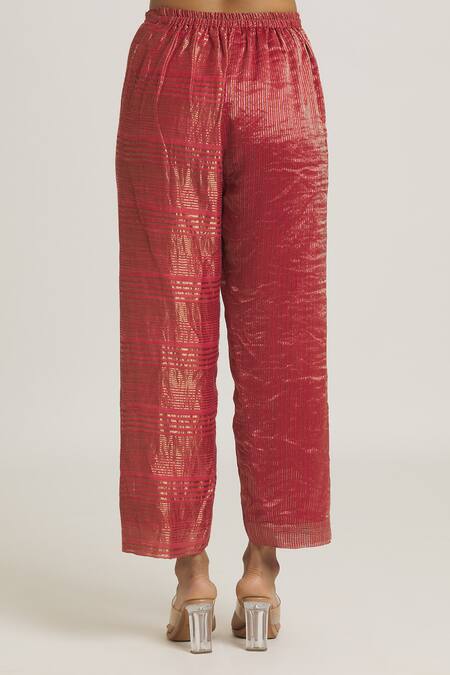 Urvashi Kaur_Red Striped Tissue Silk Pattern Pant _at_Aza_Fashions